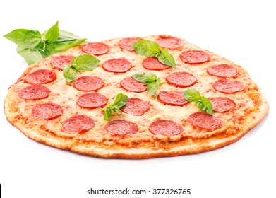 Pepperoni Pizza Beautiful Arrangement Overhead Studio Shot Of Isolated Pepperoni Pizza Beautiful Arrangement
