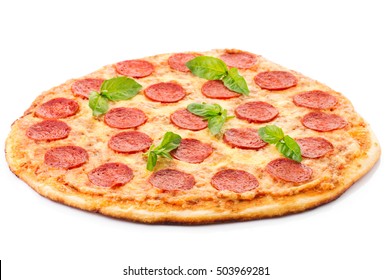 Pepperoni Pizza Beautiful ArrangementOverhead Studio Shot Of Isolated Pepperoni Pizza Beautiful Arrangement