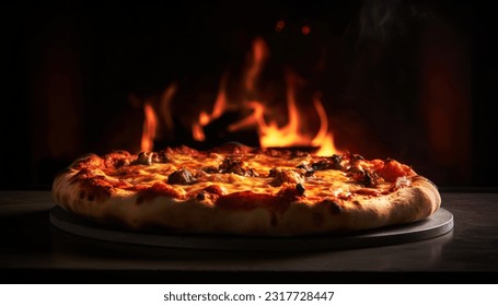 Pepperoni pizza in the charcoal oven on black background with studio lighting. Food and delivery concept. Generative AI - Shutterstock ID 2317728447