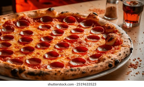 Pepperoni Pizza: Crispy thin crust pizza topped with tangy tomato sauce, melted mozzarella, and a generous layer of spicy pepperoni slices for a satisfying slice.

 - Powered by Shutterstock