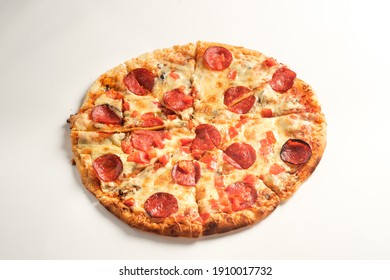 Pepperoni pizza isolated on white background. Italian food concept.