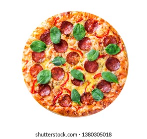 Pepperoni Pizza with Mozzarella cheese, salami, pepper, Spices and Fresh spinach. Italian pizza isolated on white background. with copy space. top view - Powered by Shutterstock