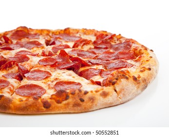 A Pepperoni Pizza  On A White Background