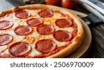 Pepperoni Pizza: A savory, crowd-pleaser pizza topped with spicy pepperoni slices, melted mozzarella cheese, and a rich tomato sauce.