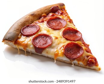 Pepperoni pizza slice with melted cheese, isolated on white background - Powered by Shutterstock