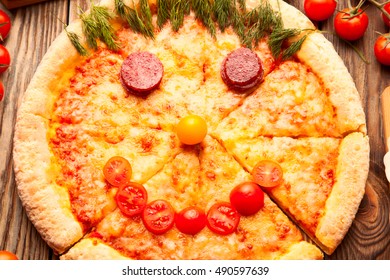 Similar Images Stock Photos Vectors Of Pizza Smile On A Wooden Table Shutterstock