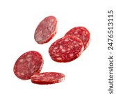 Pepperoni slices flying, isolated on white background. Sausage slices floating on white background. Pizza pepperonis flying, isolated on white background. 