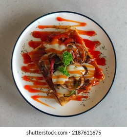 Pepperoni Toast With Mushroom Onion And Marinara Ketchup Sauce White Background