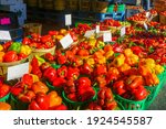 Peppers and other vegtables on sale in the Jean-Talon Market Market, Little Italy district, Montreal, Quebec, Canada