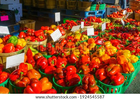Peppers and other vegtables on sale in the Jean-Talon Market Market, Little Italy district, Montreal, Quebec, Canada