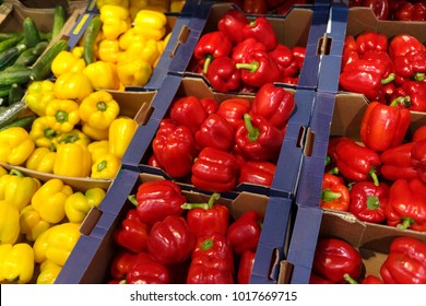 Peppers Red And Yellow.  Paprika In Boxes On The Counter, In The Farmer Department Of The Market.