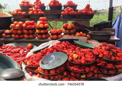 Peppers And Tomatoes On Sale In A Nigerian Market