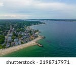 Pequot Point Beach and New London Harbor Lighthouse at the mouth of Thames River in city of New London, Connecticut CT, USA. 