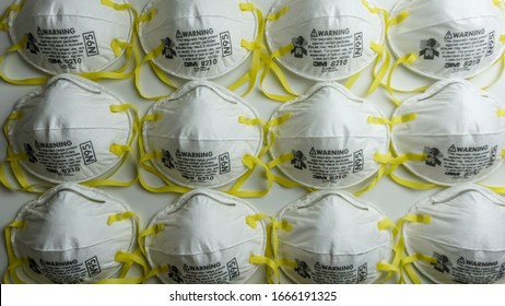 PERAK, MALAYSIA - MARCH 04, 2020: Many N95 respiratory mask (3M 8210) Personal Protective Equipment PPE set.