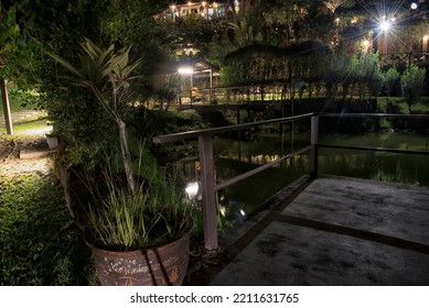 Perak, Malaysia. September 30,2022: Night Scene Along The Lamppost Pathway Street To The Local Cafeteria At Adeline Villa And Rest House, Gopeng.
