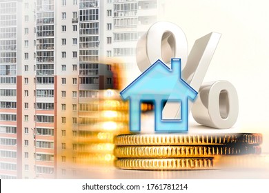 The percent symbol and real estate  on a background of money . The concept of price changes on the real estate market . - Shutterstock ID 1761781214