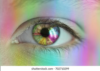 The Perception of color - human eye up close reflecting light and rainbow colors