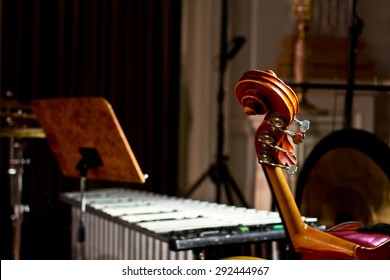 Percussion Instruments In A Chamber Hall. Drums. Marimba. Bass. Jazz. Intimate Lighting