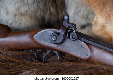 Percussion lock of a Hawken style muzzle loading rifle on game fur.