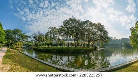 Perdana Botanical Garden lake panoramic view of the lake and jogging trail.