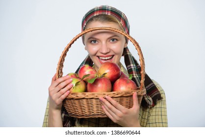 Perfect Apple. Grocery Store. Start Apple Diet. Woman Likes Natural Fruits. Farmer Gardener Apple Harvest. Girl Gardener Rustic Style Hold Apple White Background. Health Care And Vitamin Nutrition.