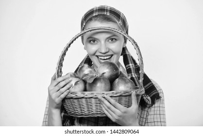 Perfect Apple. Grocery Store. Start Apple Diet. Woman Likes Natural Fruits. Farmer Gardener Apple Harvest. Girl Gardener Rustic Style Hold Apple White Background. Health Care And Vitamin Nutrition.