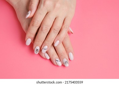 Perfect Artificial Fingernails Of Adult Woman On A Pink Background. Art Painting Of Nails. Care For Sensuality Female Hands. Shallow Depth Of Field