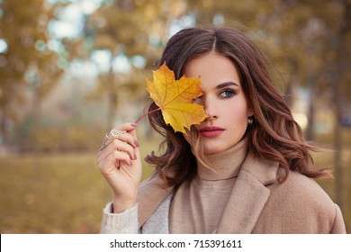 Perfect Autumn Woman Model With Brown Hair, With Fall Fashion Girl Outdoors