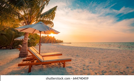 Perfect beach scene. Idyllic tropical beach landscape for background or wallpaper. Design of tourism for summer vacation holiday concept.