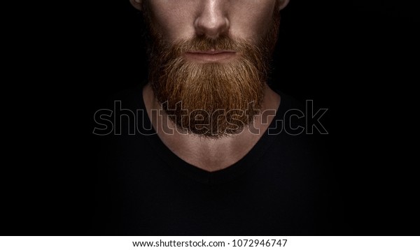 Perfect beard. Close-up of young bearded man\
standing against black\
background