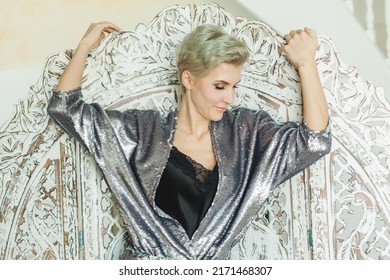 Perfect Blonde Woman With Short Pixie Haircut At Home