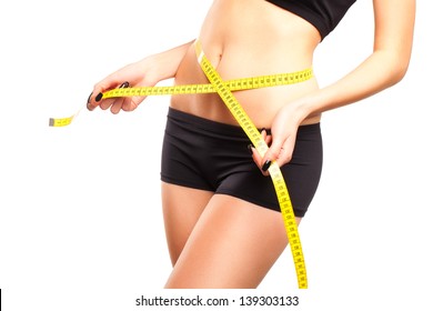 Perfect Body Prepared For Summer; White Background And Yellow Tape Measure.