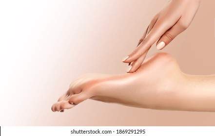 Perfect Clean Female Foot . Beautiful And Elegant Groomed Girl's Hand Touches Her Feet . Spa ,scrub And Leg Care .