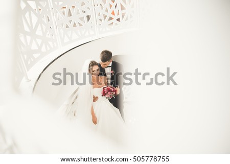 Perfect couple bride, groom posing and kissing in their wedding day