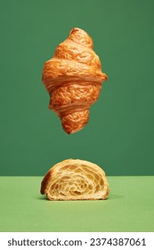 Perfect. Crispy, fresh croissant, whole and cut in half isolated over green background. Concept of food, bakery, breakfast ideas, taste, freshness. Poser. Copy space for ad