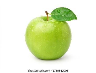 Perfect fresh green apple with leaf and water droplets isolated on white background. Clipping path.
