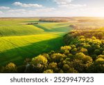 Perfect green fields in an agricultural area and cultivated fields on a sunny day. Agronomic industry. Agrarian region Ukraine, Europe. Photo wallpaper. Drone photography, top view. Beauty of earth.