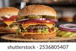 Perfect hamburger classic burger american cheeseburger isolated hamburger with sesame seed bun and extra toppings of tomatoes pickles onion and cheddar cheese
