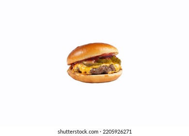 Perfect Hamburger Classic Burger American Cheeseburger With Cheese, Bacon, Tomato And Lettuce. Isolated On White Background.