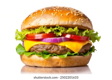 Perfect hamburger classic burger american cheeseburger isolated hamburger with sesame seed bun and extra toppings of tomatoes pickles onion and cheddar cheese - Powered by Shutterstock