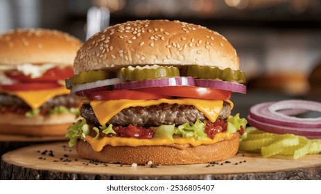 Perfect hamburger classic burger american cheeseburger isolated hamburger with sesame seed bun and extra toppings of tomatoes pickles onion and cheddar cheese
 - Powered by Shutterstock