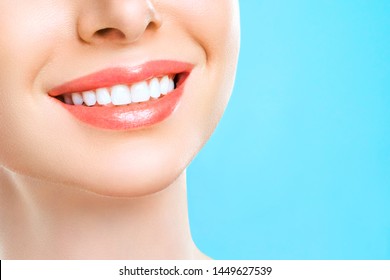 Perfect Healthy Teeth Smile Of A Young Woman. Teeth Whitening. Dental Clinic Patient. Stomatology Concept.