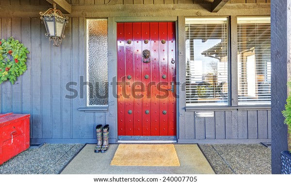 Perfect House Red Door Grey Walls Stock Photo Edit Now