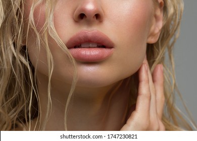 Perfect Lips. Sexy Girl Mouth Close Up. Beauty Young Woman Smile. Natural Plump Full Lip. Lips Augmentation. Close Up Detail. Natural Beauty