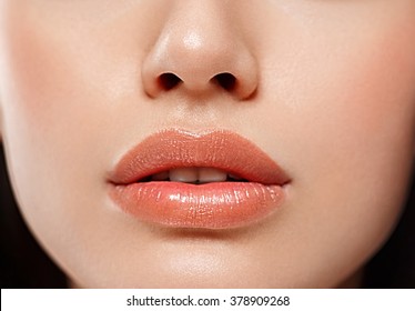 Perfect Lips. Sexy Girl Mouth Close Up. Beauty Young Woman Smile. Natural Plump Full Lip. Lips Augmentation.Nose