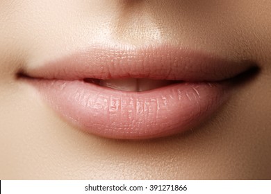 Perfect Lips. Sexy Girl Mouth Close Up. Beauty Young Woman Smile. Natural Plump Full Lip. Lips Augmentation. Close Up Detail