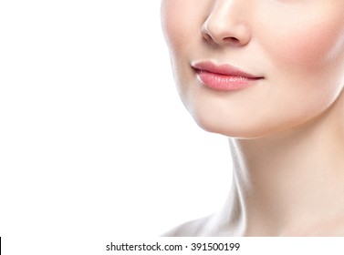 Perfect Lips.Neck Chin Cheeks. Sexy Girl Mouth Close Up. Beauty Young Woman Smile. Natural Plump Full Lip. Lips Augmentation. Close Up Detail 