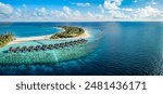 Perfect Maldives paradise scene. Tropical aerial landscape, seascape, luxury water villas. Amazing sea sky, reef lagoon beach picturesque nature. Exotic tourism, panoramic destination, summer vacation