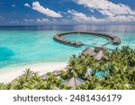 Perfect Maldives paradise scene. Tropical aerial landscape, seascape, luxury water villas. Amazing sea sky, reef lagoon beach picturesque nature. Exotic tourism, panoramic destination, summer vacation