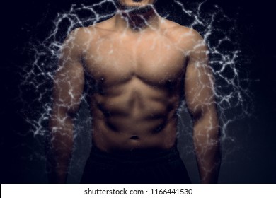 Perfect Male Upper Body With Electric Energy. Concept Of Body Transformation.